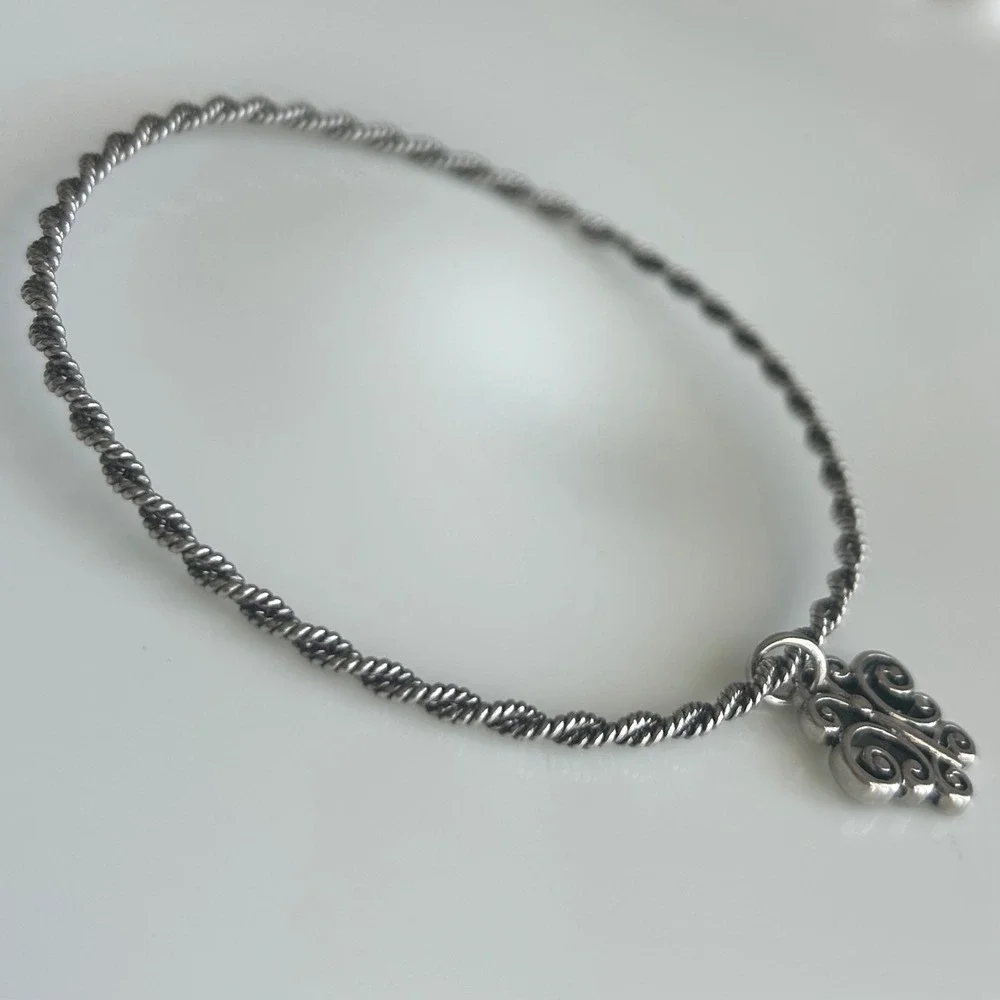 3pc Silver Tone Bangle Bracelet Set Butterfly Cross Flower Charms Textured